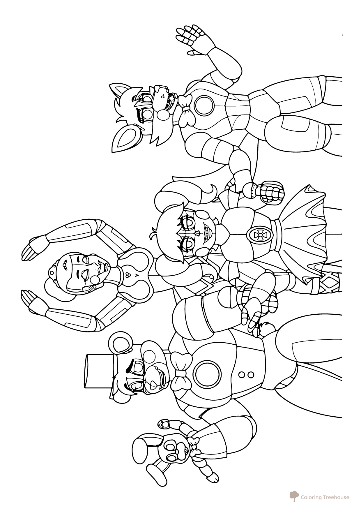Página para colorear: Freddy, Ballora, Baby y Foxy dibujo para colorear gratis de Páginas para colorear de los animatrónicos de FNAF