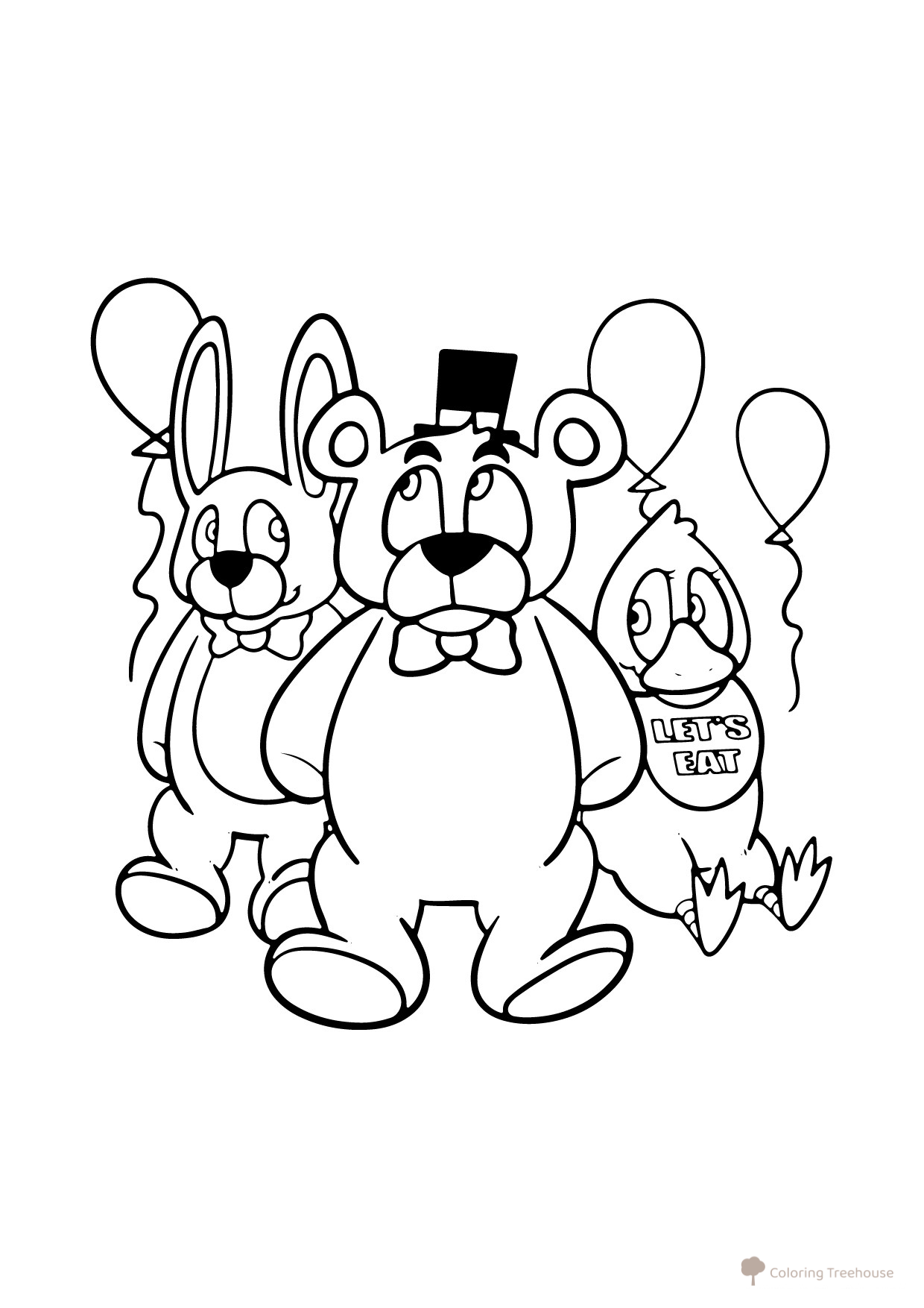 Página para colorear: Freddy, Bonnie y Chica con globos dibujo para colorear gratis de Páginas para colorear de los animatrónicos de FNAF