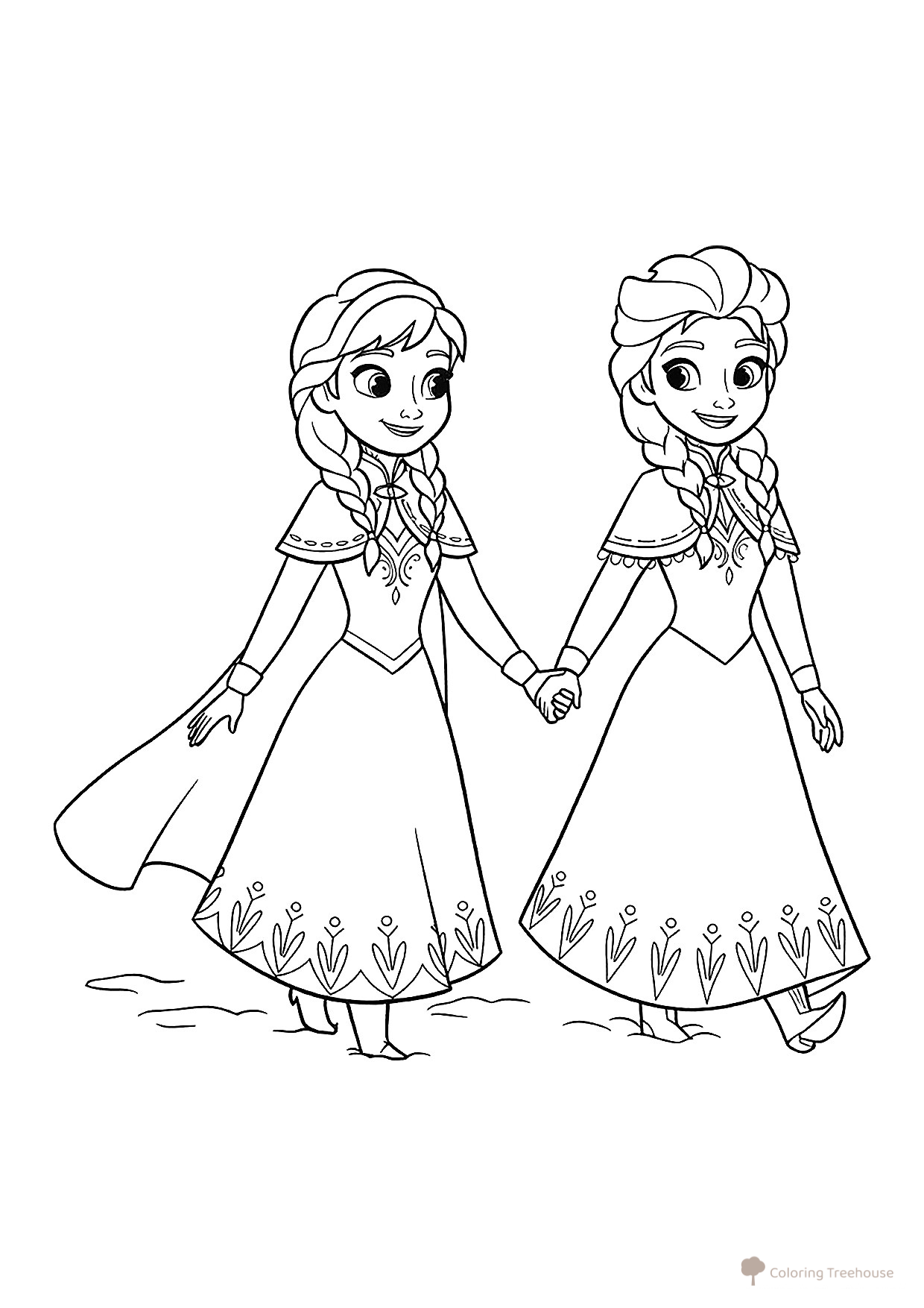 Página para colorear «Anna y Elsa se toman de la mano» dibujo para colorear gratis de Páginas para colorear de 'Frozen'