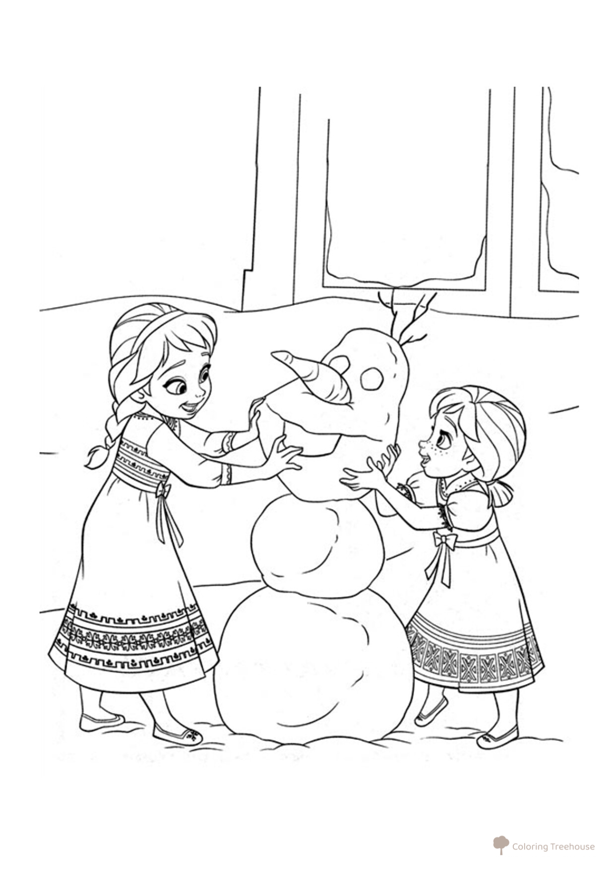 Anna and Elsa Building a Snowman Coloring Page free printable Frozen Coloring Pages coloring page