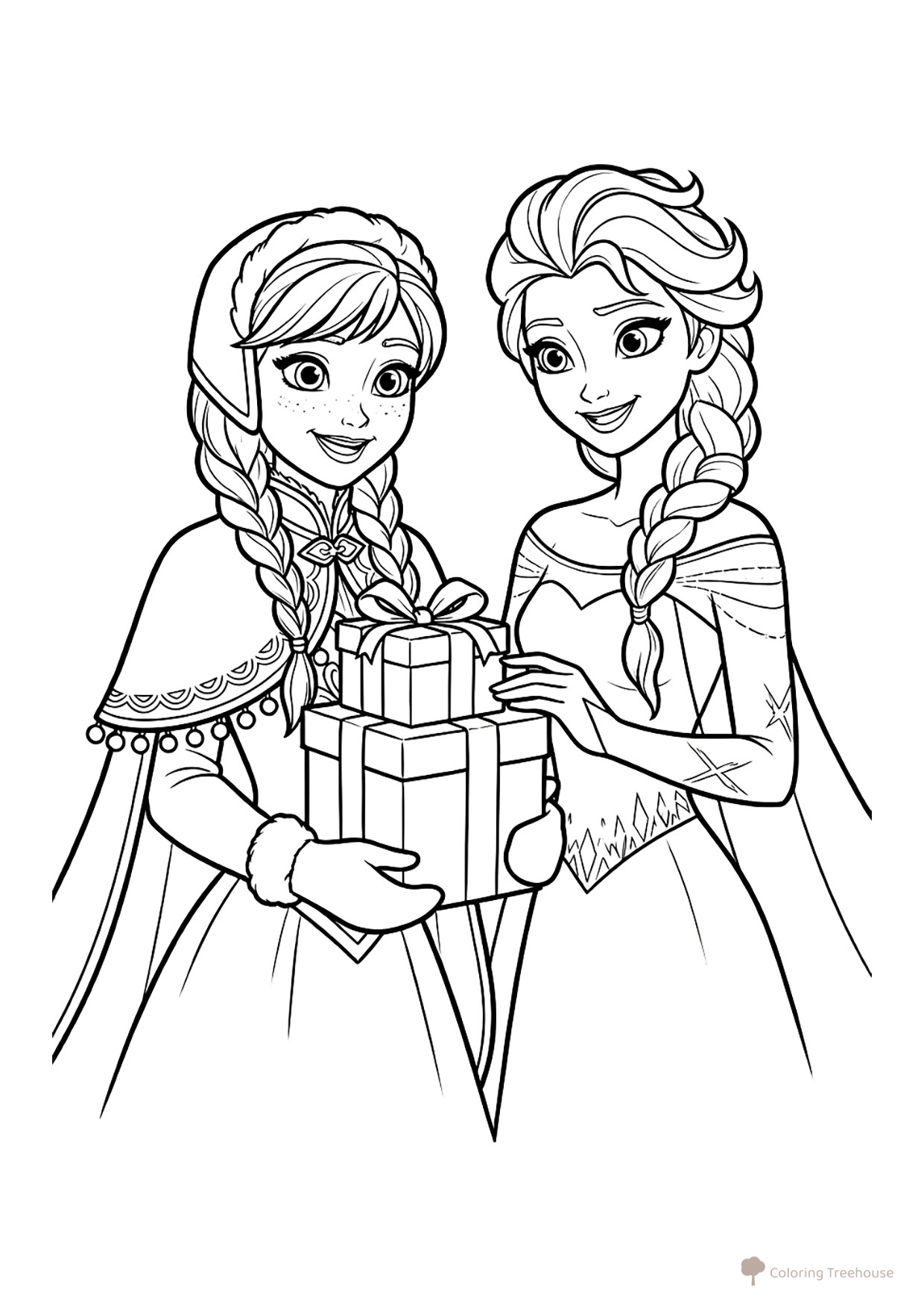 Página para colorear «Anna y Elsa con regalos» dibujo para colorear gratis de Páginas para colorear de 'Frozen'