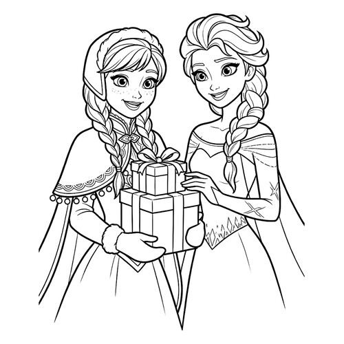 Página para colorear «Anna y Elsa con regalos» dibujo para colorear gratis de Páginas para colorear de 'Frozen'