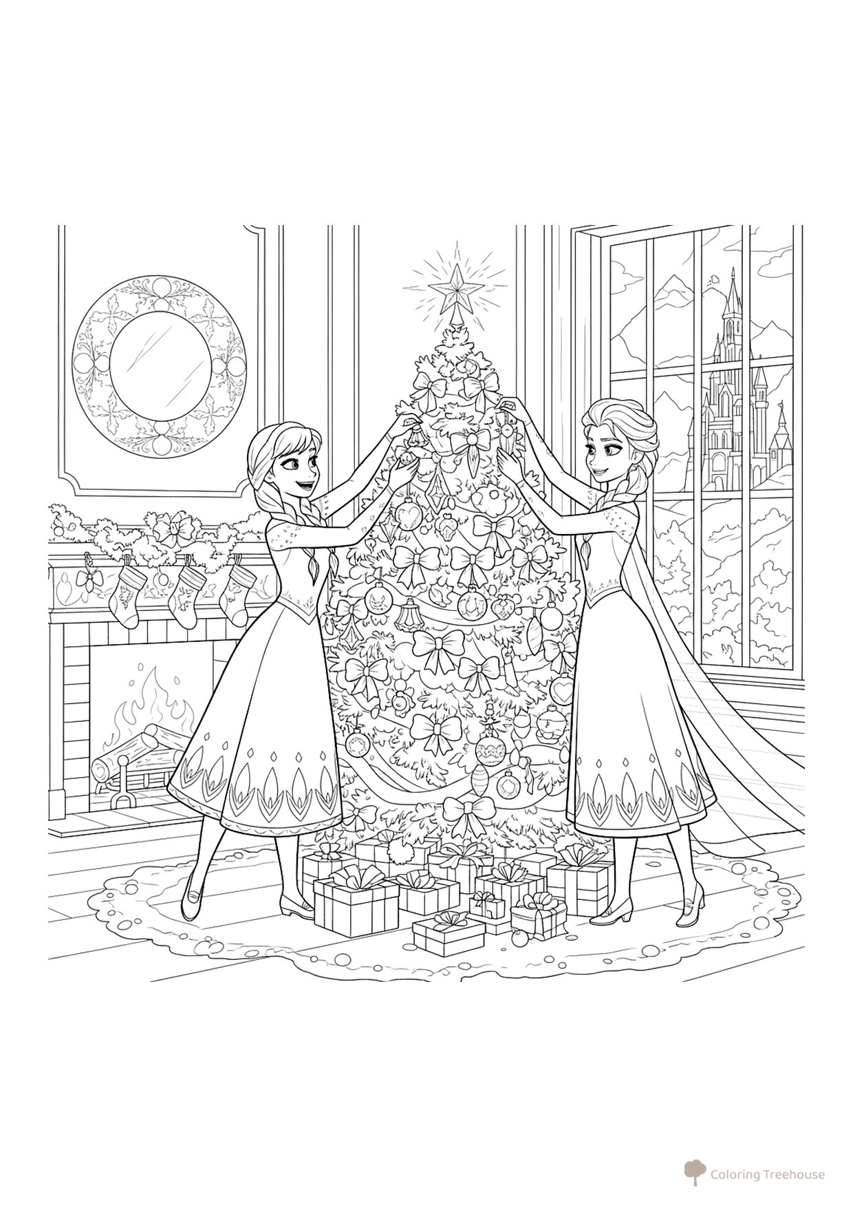 Página para colorear «Anna y Elsa decoran el árbol en la sala» dibujo para colorear gratis de Páginas para colorear de 'Frozen'