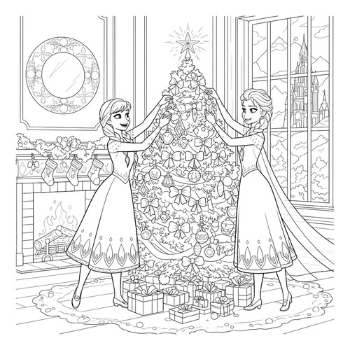 Coloring Page — Anna and Elsa Decorating the Christmas Tree in the Living Room free printable Frozen Coloring Pages coloring page