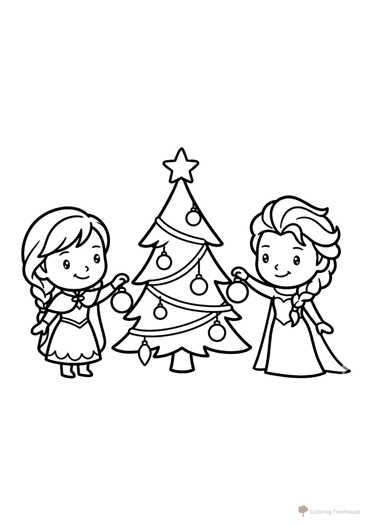 Página para colorear «Chibi Anna y Elsa decoran el árbol de Navidad» dibujo para colorear gratis de Páginas para colorear de 'Frozen'