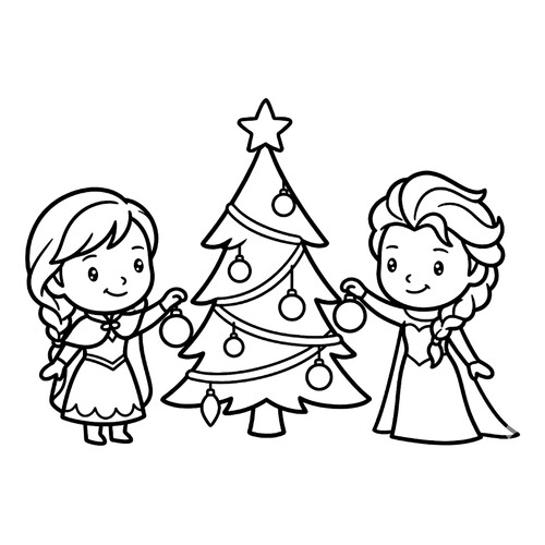Coloring Page: Chibi Anna and Elsa Decorating the Christmas Tree free printable Frozen Coloring Pages coloring page