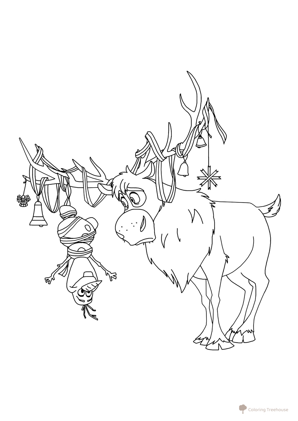 Página para colorear «Olaf colgado en los cuernos de Sven» dibujo para colorear gratis de Páginas para colorear de 'Frozen'