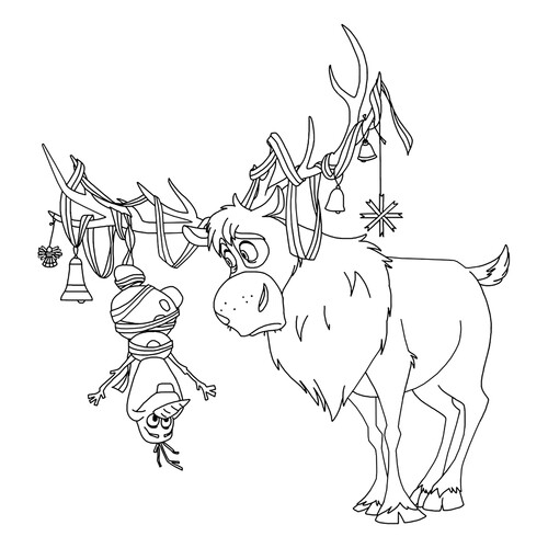 Página para colorear «Olaf colgado en los cuernos de Sven» dibujo para colorear gratis de Páginas para colorear de 'Frozen'