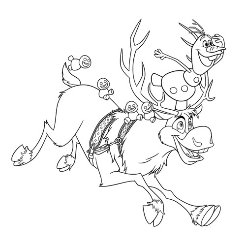 Página para colorear «Olaf montado en Sven» dibujo para colorear gratis de Páginas para colorear de 'Frozen'