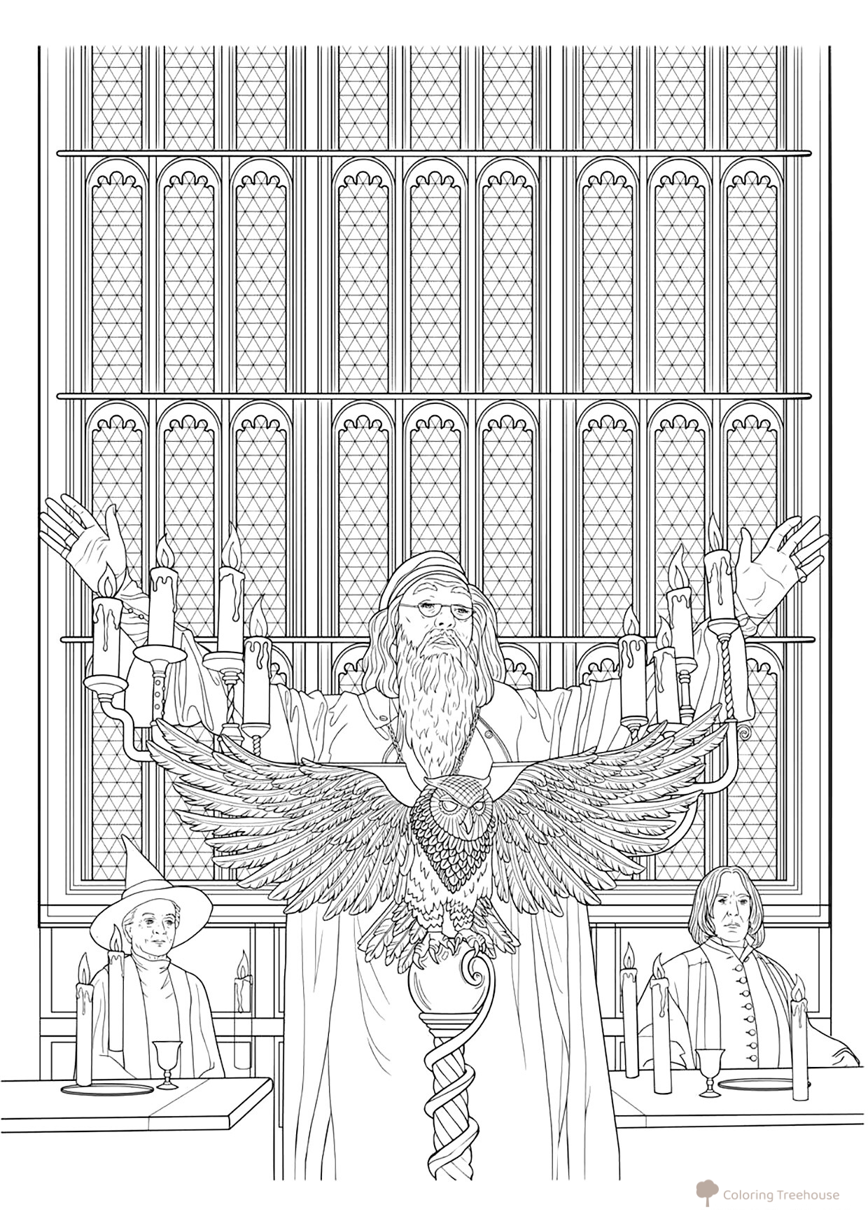 Página para colorear: Albus Dumbledore, Minerva McGonagall y Severus Snape dibujo para colorear gratis de Harry Potter Coloring Pages