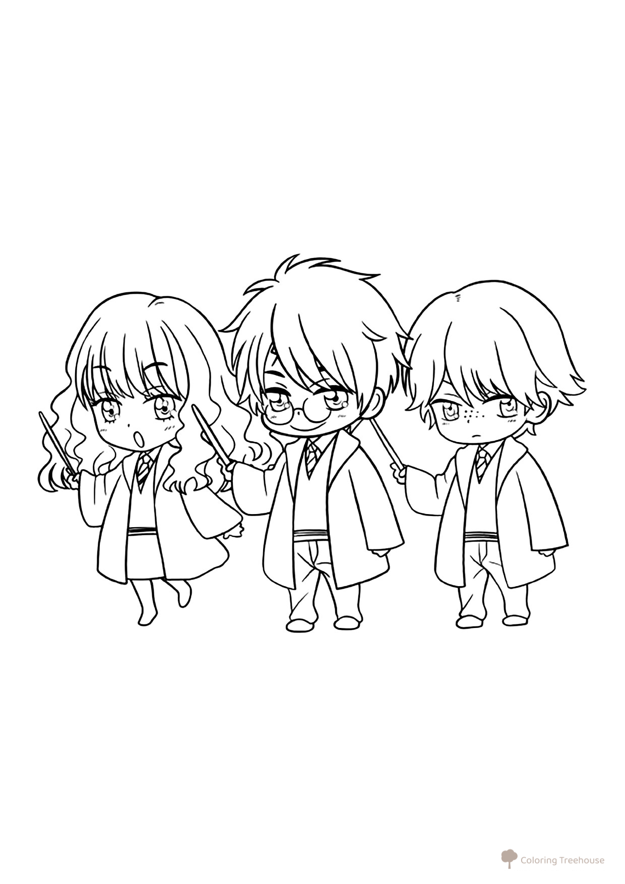 Chibi Harry, Hermione and Ron Coloring Page free printable Harry Potter Coloring Pages coloring page