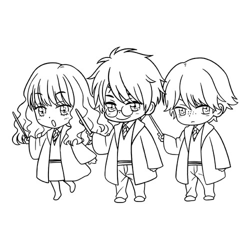 Chibi Harry, Hermione and Ron Coloring Page free printable Harry Potter Coloring Pages coloring page