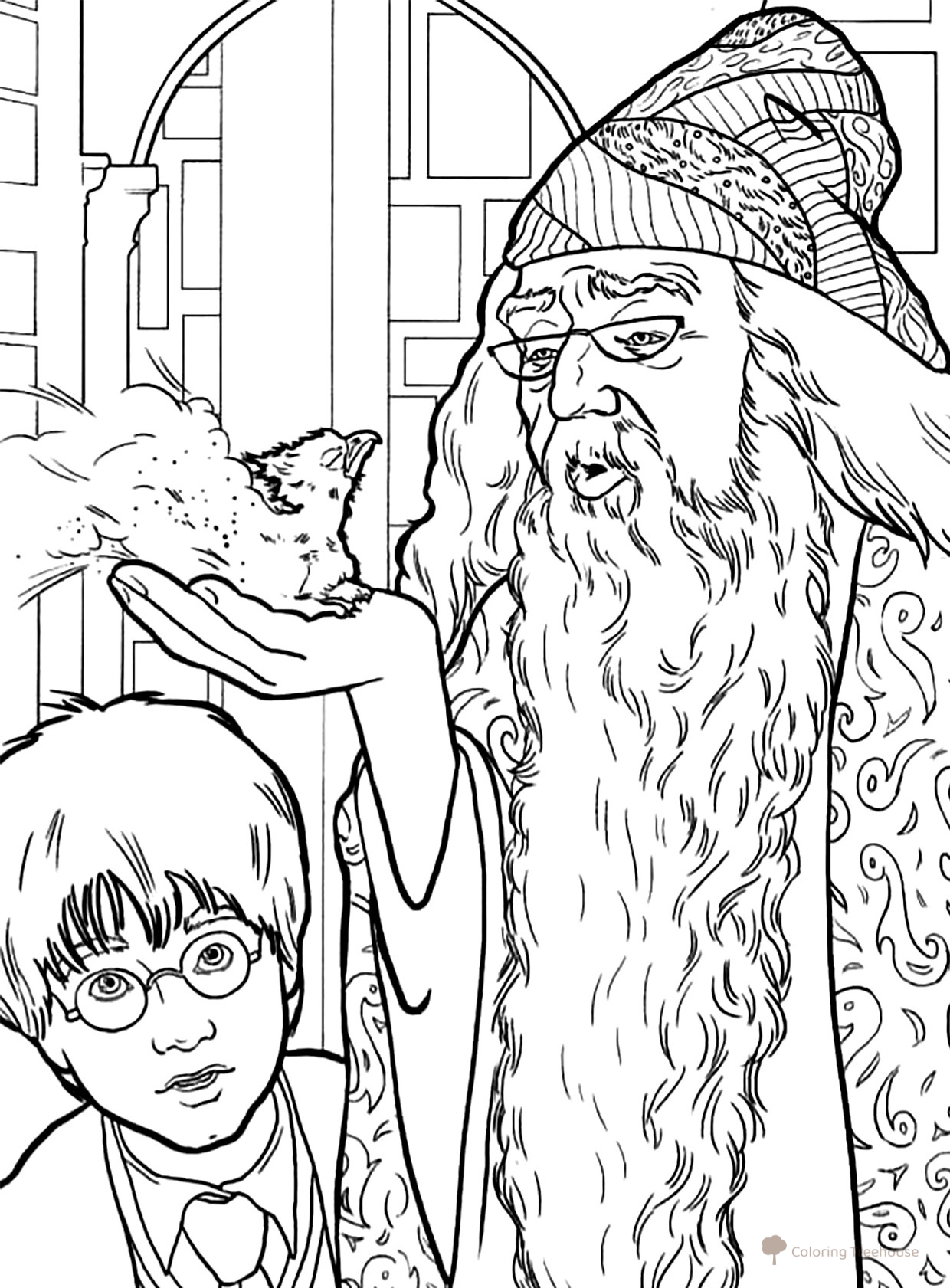 Dumbledore muestra a Harry el fénix - Página para colorear dibujo para colorear gratis de Harry Potter Coloring Pages