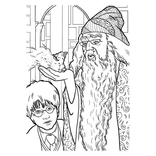 Dumbledore muestra a Harry el fénix - Página para colorear dibujo para colorear gratis de Harry Potter Coloring Pages