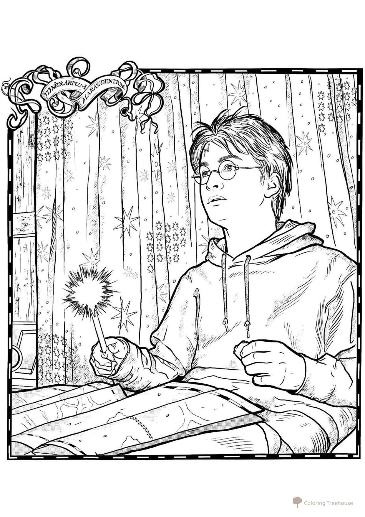 Página para colorear: Harry Potter estudia el mapa dibujo para colorear gratis de Harry Potter Coloring Pages