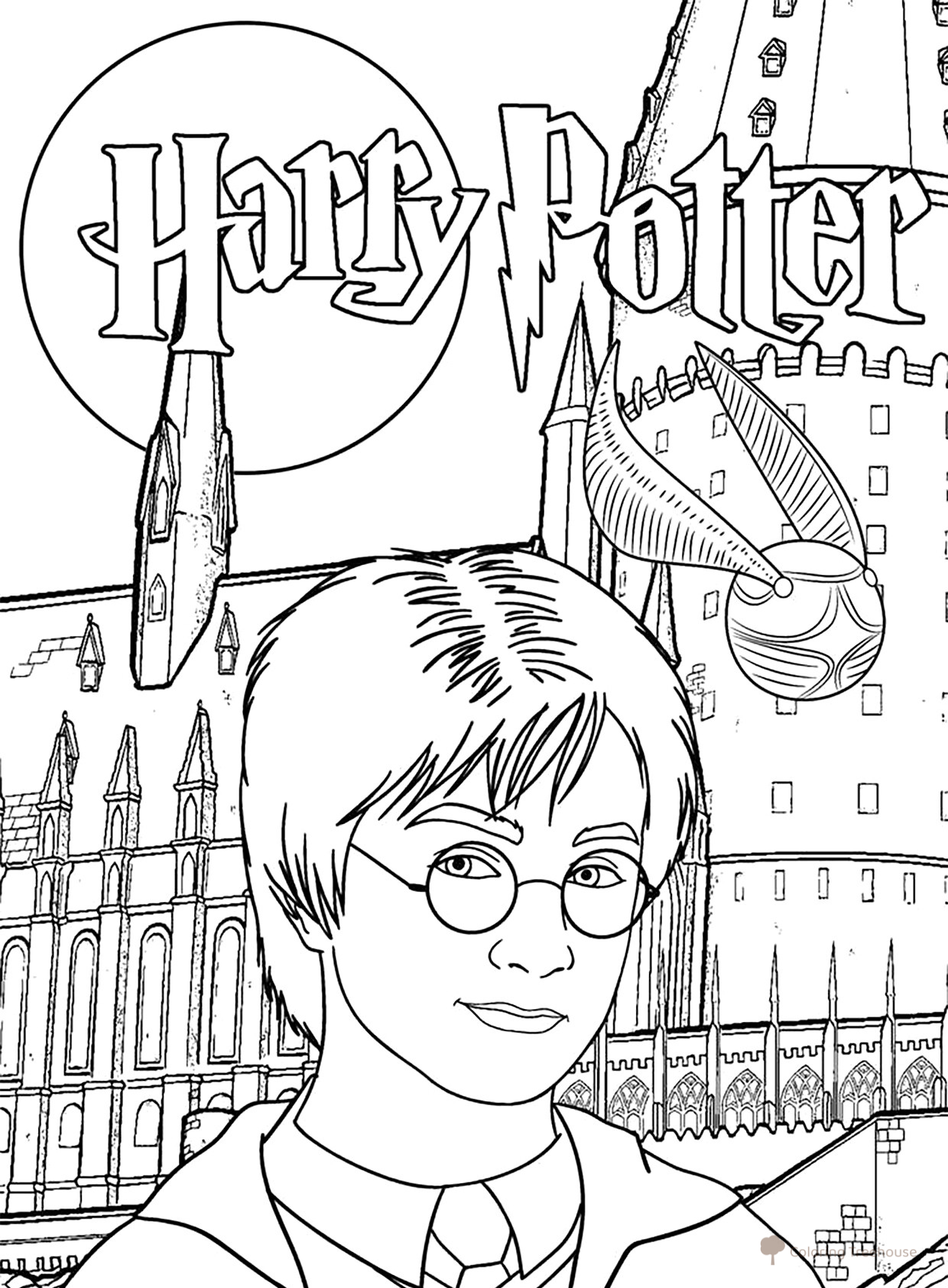 Harry Potter Coloring Page with Castle Background free printable Harry Potter Coloring Pages coloring page