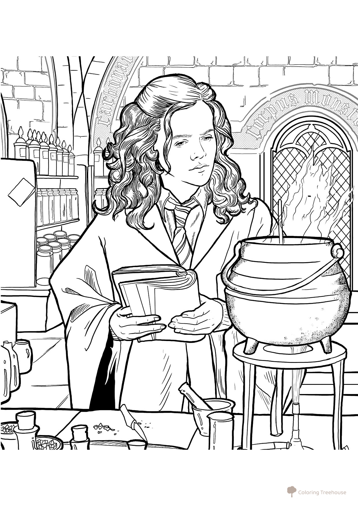 Germiona en la clase de pociones — página para colorear dibujo para colorear gratis de Harry Potter Coloring Pages