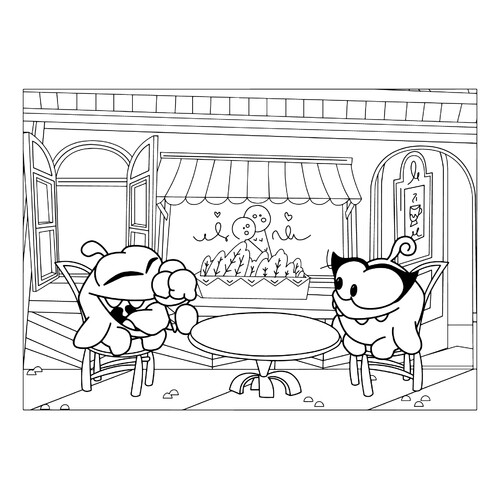 Página para colorear de Om Nom y Om Nomi en el café dibujo para colorear gratis de Páginas para colorear de Am Nyam (Om Nom)