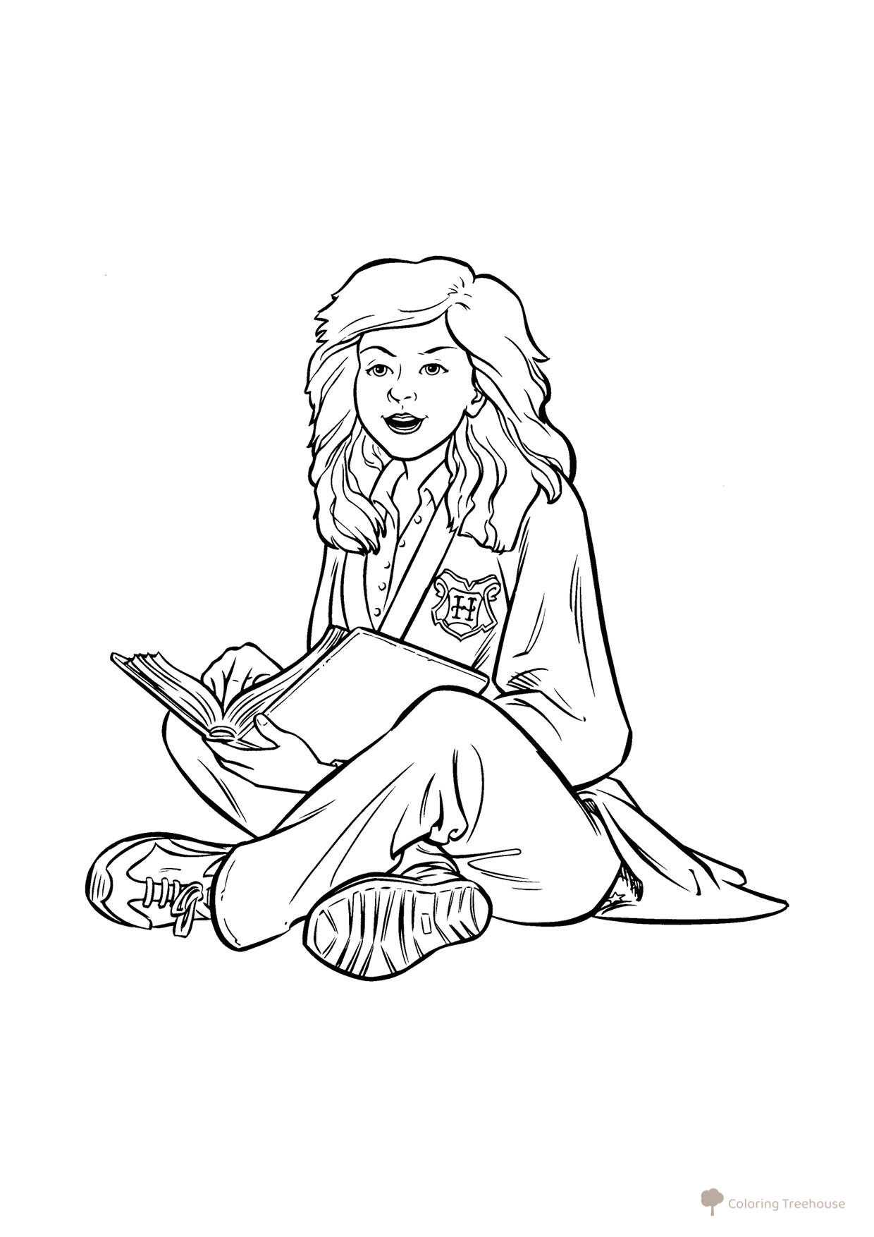 Página para colorear: Hermione estilo dibujos animados leyendo un libro dibujo para colorear gratis de Harry Potter Coloring Pages
