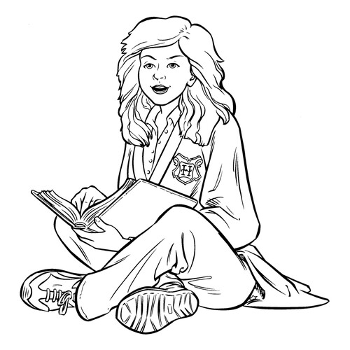 Página para colorear: Hermione estilo dibujos animados leyendo un libro dibujo para colorear gratis de Harry Potter Coloring Pages