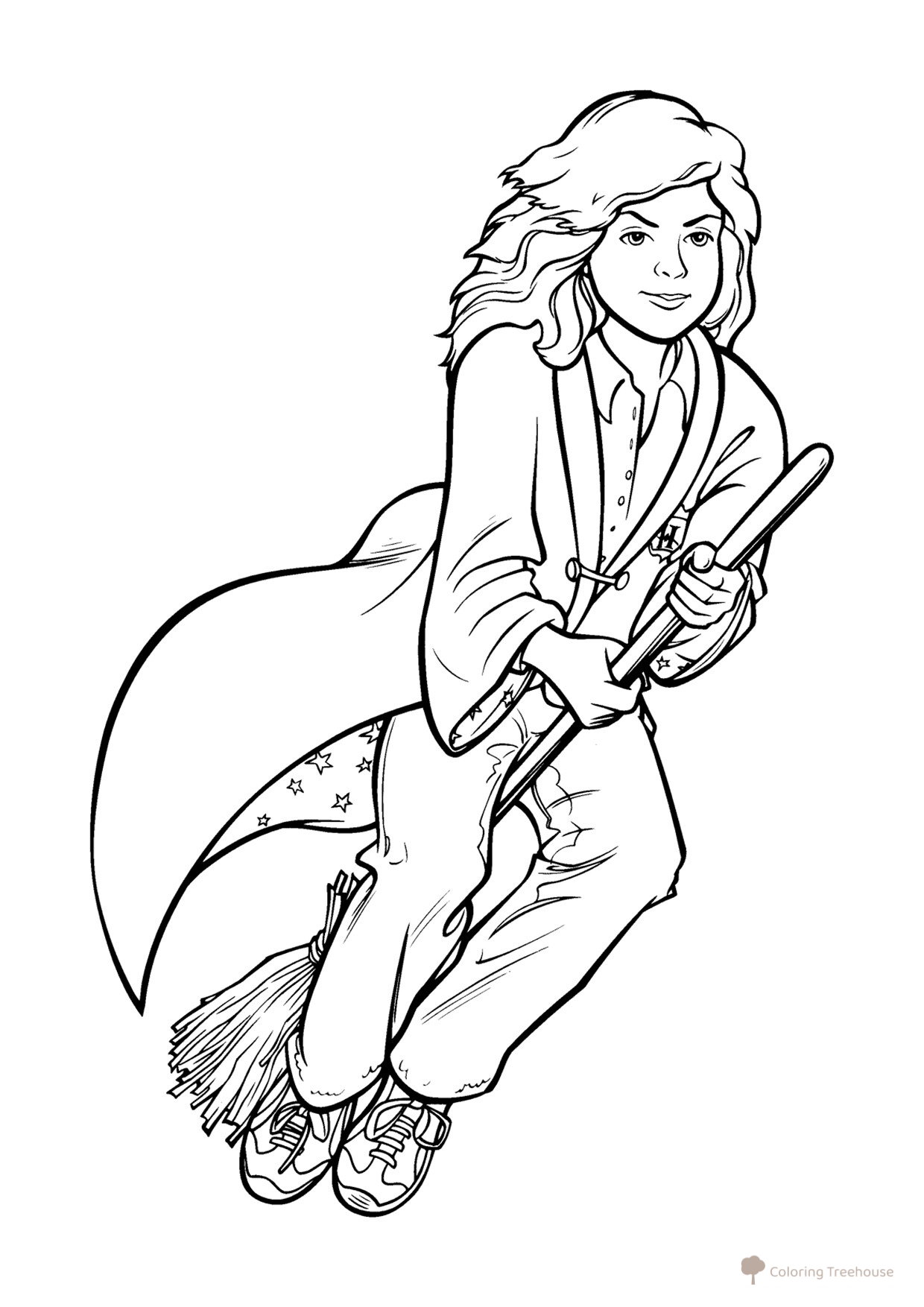 Colorear: Hermione en escoba (estilo dibujo animado) dibujo para colorear gratis de Harry Potter Coloring Pages