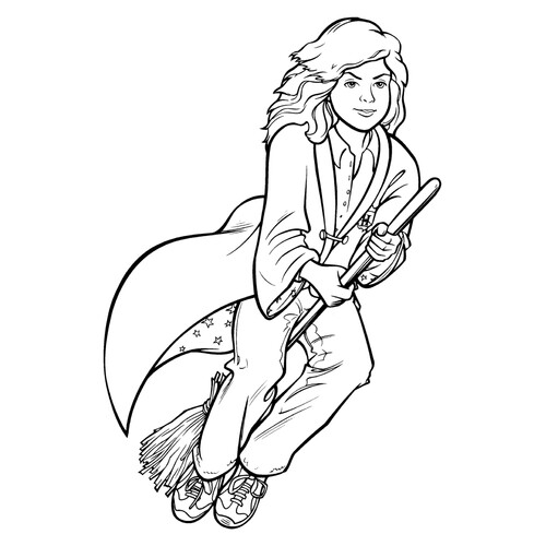 Colorear: Hermione en escoba (estilo dibujo animado) dibujo para colorear gratis de Harry Potter Coloring Pages