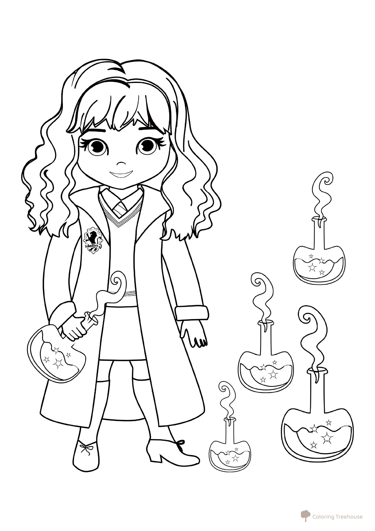 Cartoon Hermione with Magical Potions Coloring Page free printable Harry Potter Coloring Pages coloring page