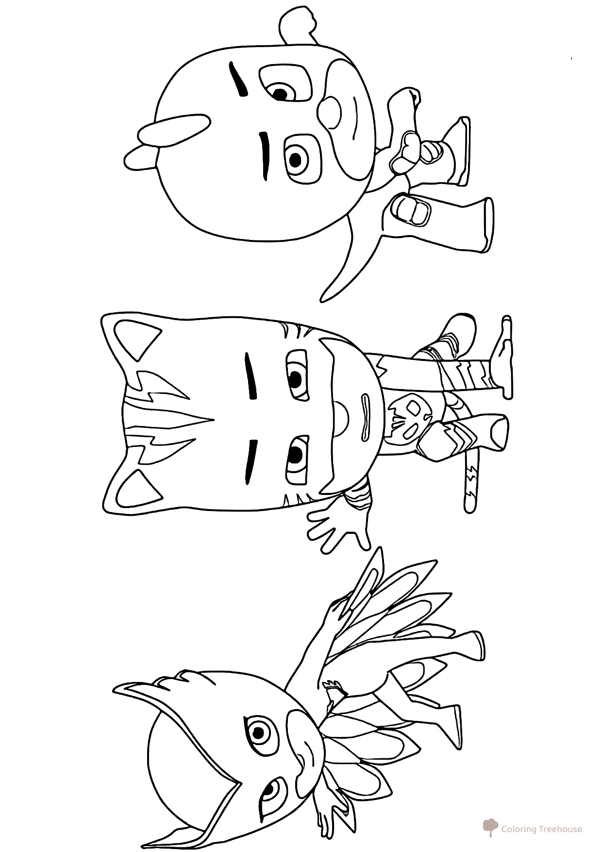 Página para colorear «Todos los héroes en máscaras» dibujo para colorear gratis de Pj Masks: páginas para colorear de los héroes enmascarados