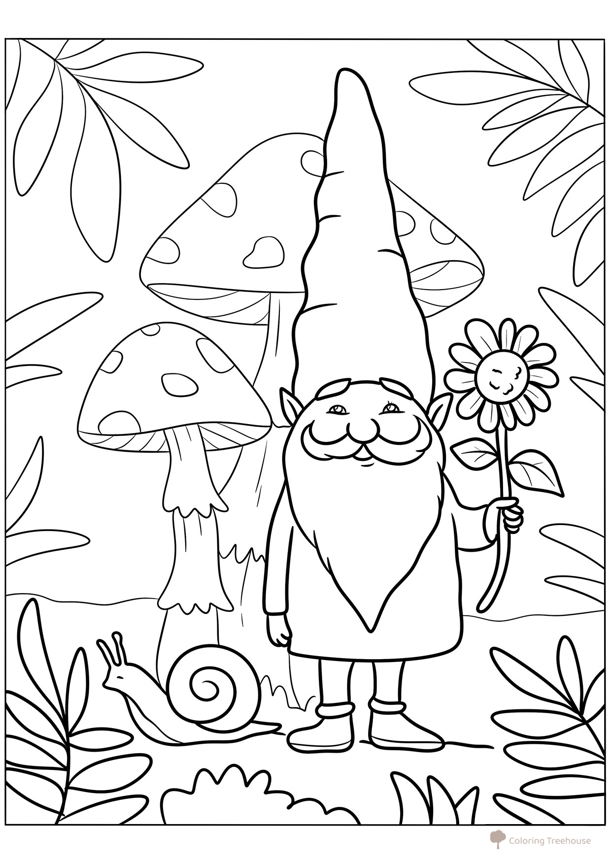 Gnome and Mushrooms Coloring Page free printable Gnome Coloring Pages coloring page