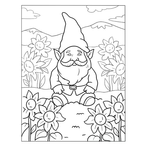 Gnome in Sunflowers Coloring Page free printable Gnome Coloring Pages coloring page