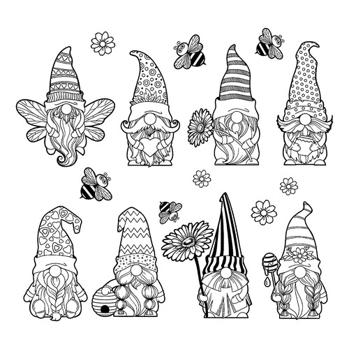Many Different Gnomes Coloring Page free printable Gnome Coloring Pages coloring page