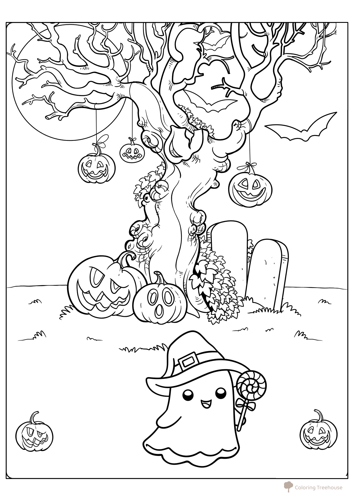 Dibujo para colorear: árbol con calabazas y simpático fantasma dibujo para colorear gratis de Páginas para colorear de Halloween: calabazas, personajes y máscaras