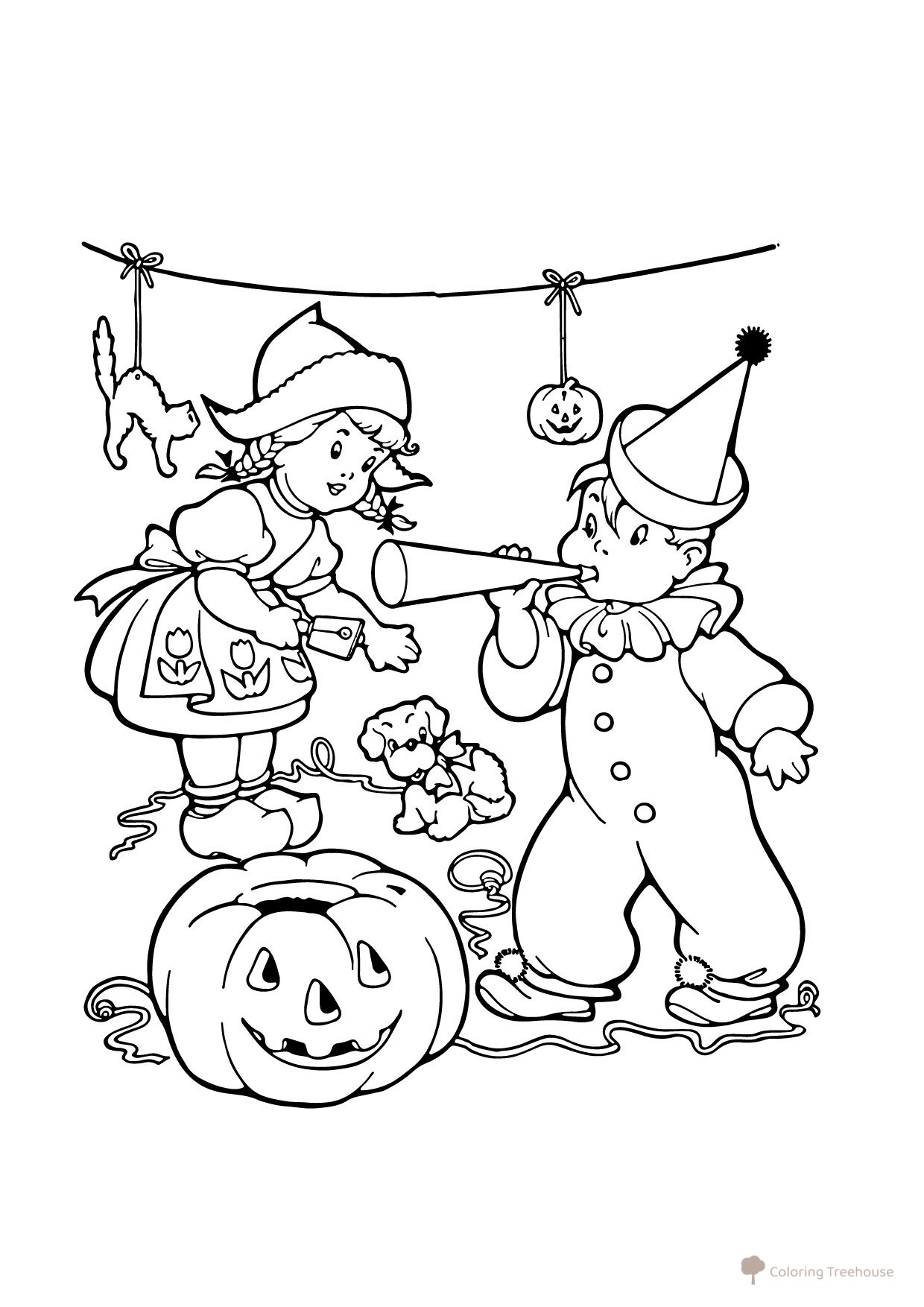 Kids Playing on Halloween Coloring Page free printable Halloween Coloring Pages: Pumpkins, Fairy Tale Characters, and Masks coloring page