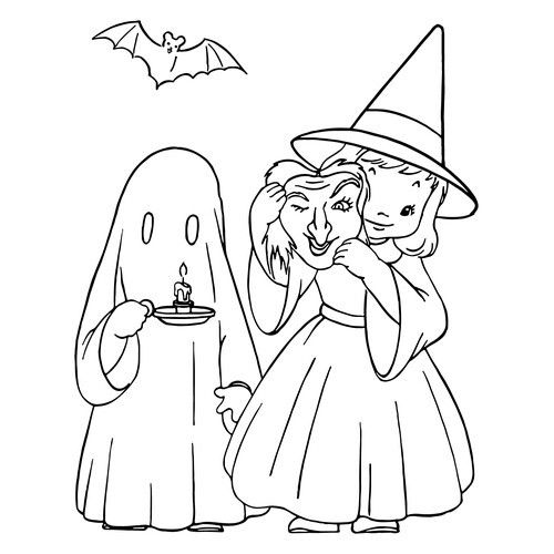 Girl with Ghost Coloring Page free printable Halloween Coloring Pages: Pumpkins, Fairy Tale Characters, and Masks coloring page