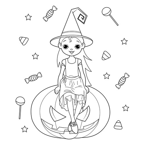 Girl in a Carnival Costume Coloring Page free printable Halloween Coloring Pages: Pumpkins, Fairy Tale Characters, and Masks coloring page