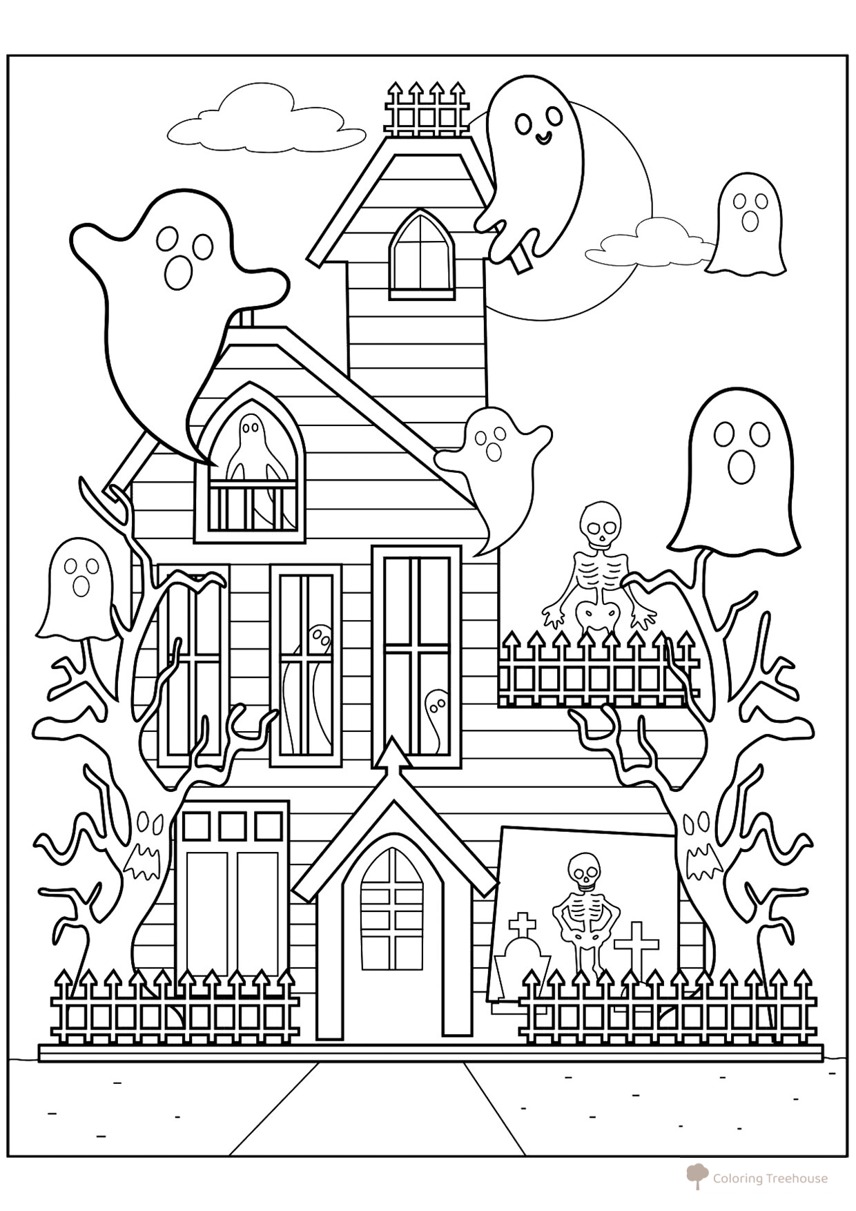 Halloween Haunted House Coloring Page free printable Halloween Coloring Pages: Pumpkins, Fairy Tale Characters, and Masks coloring page