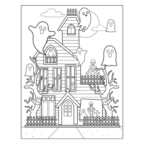 Halloween Haunted House Coloring Page free printable Halloween Coloring Pages: Pumpkins, Fairy Tale Characters, and Masks coloring page
