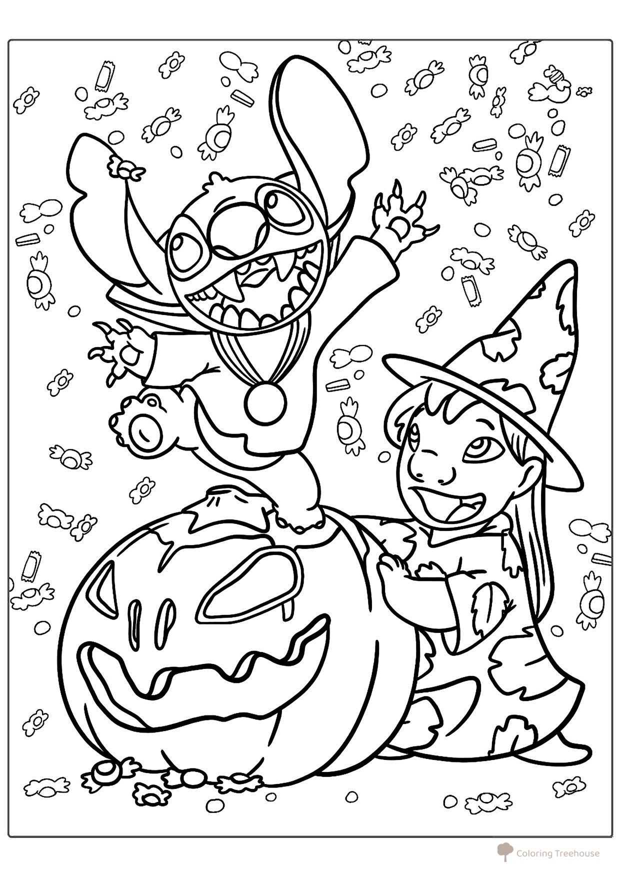 Lilo y Stitch para Halloween para colorear dibujo para colorear gratis de Páginas para colorear de Halloween: calabazas, personajes y máscaras
