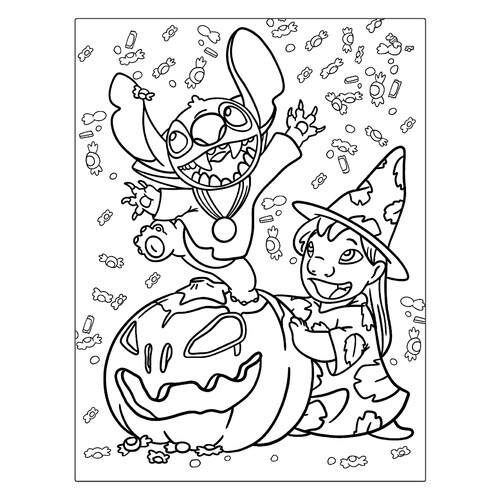 Lilo y Stitch para Halloween para colorear dibujo para colorear gratis de Páginas para colorear de Halloween: calabazas, personajes y máscaras