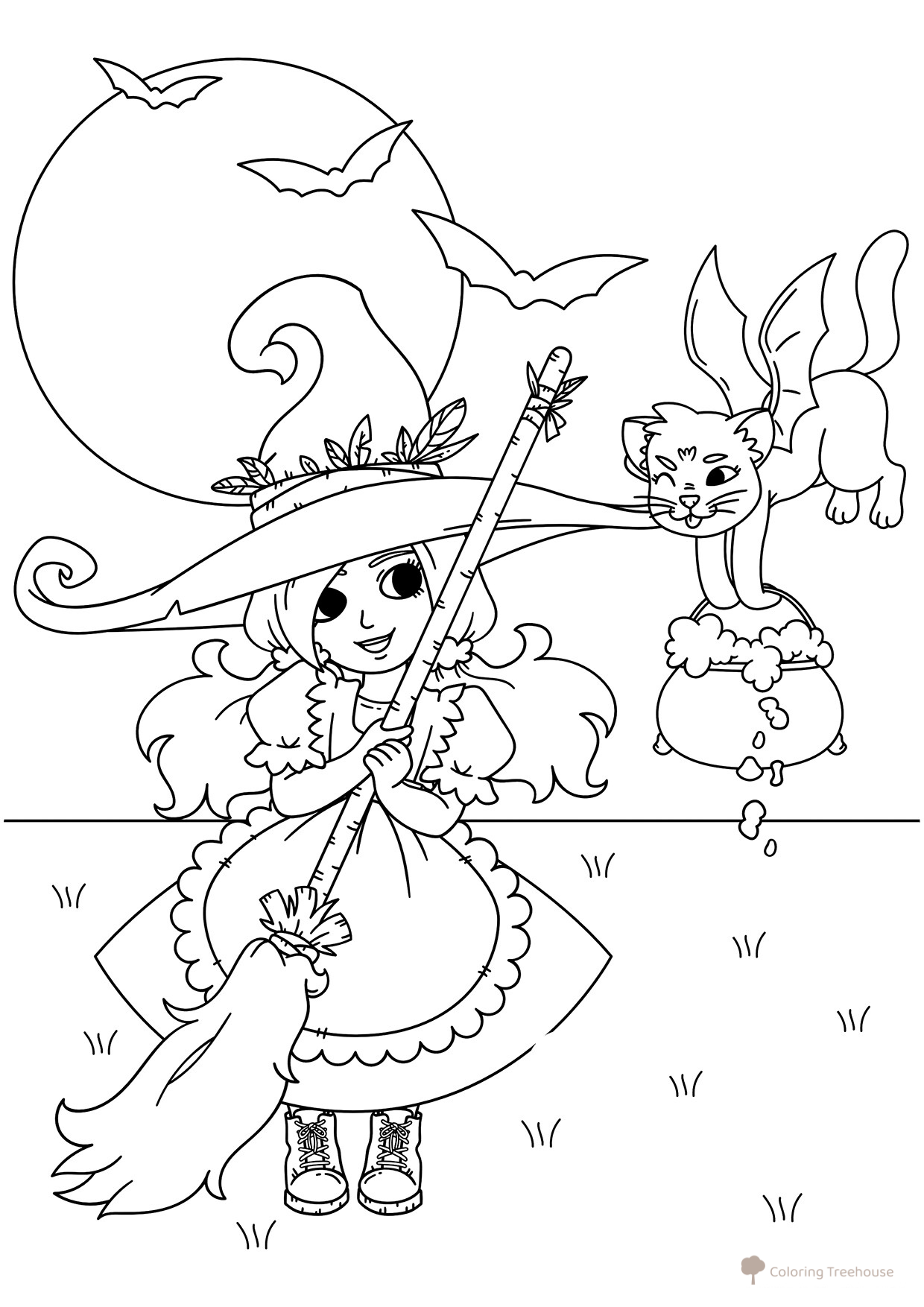Página para colorear: Niña con su gato en Halloween dibujo para colorear gratis de Páginas para colorear de Halloween: calabazas, personajes y máscaras