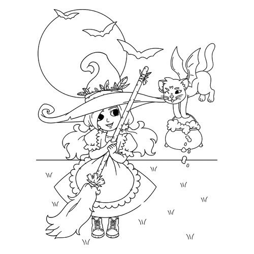 Página para colorear: Niña con su gato en Halloween dibujo para colorear gratis de Páginas para colorear de Halloween: calabazas, personajes y máscaras