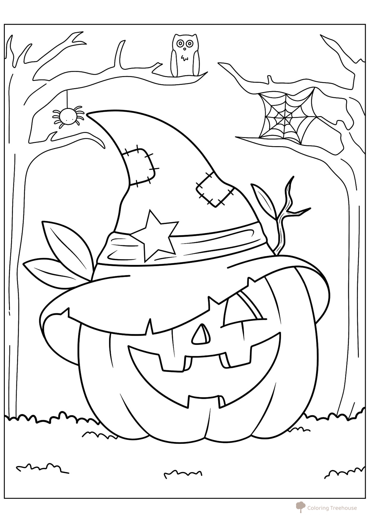 Página para colorear: Dulce calabaza con sombrero de bruja dibujo para colorear gratis de Páginas para colorear de Halloween: calabazas, personajes y máscaras