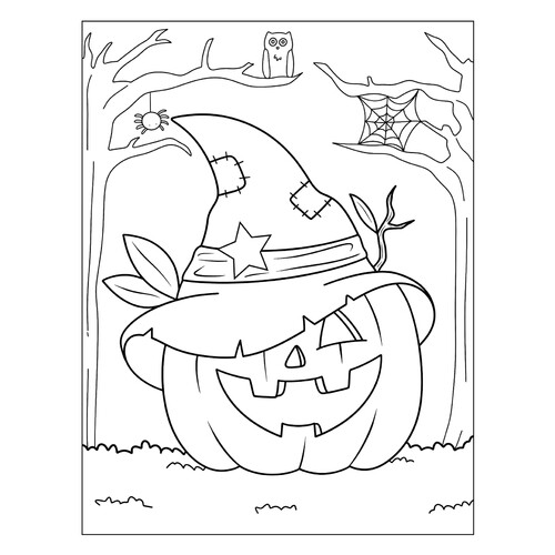 Página para colorear: Dulce calabaza con sombrero de bruja dibujo para colorear gratis de Páginas para colorear de Halloween: calabazas, personajes y máscaras