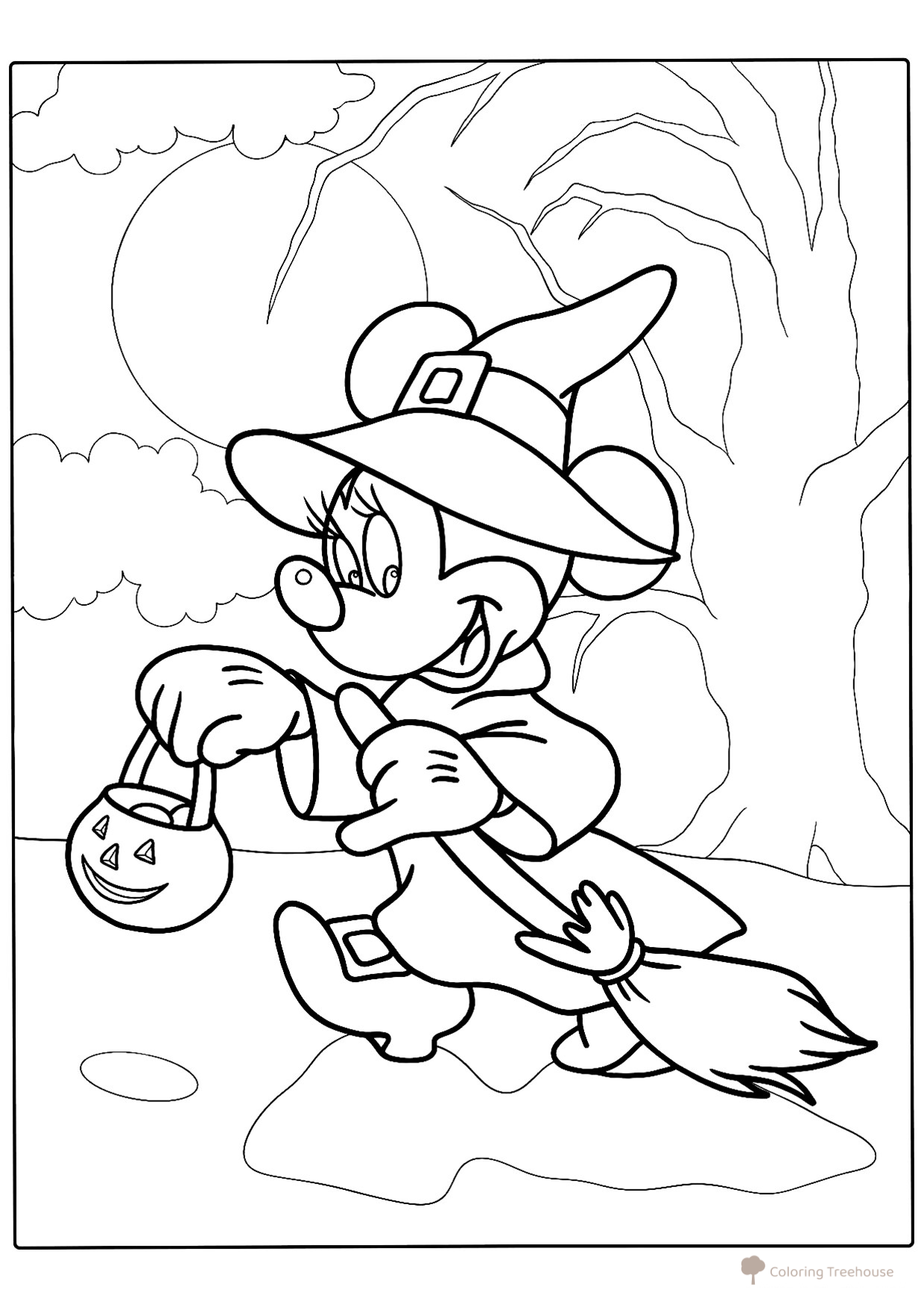 Página para colorear de Minnie Mouse con disfraz de bruja dibujo para colorear gratis de Páginas para colorear de Halloween: calabazas, personajes y máscaras