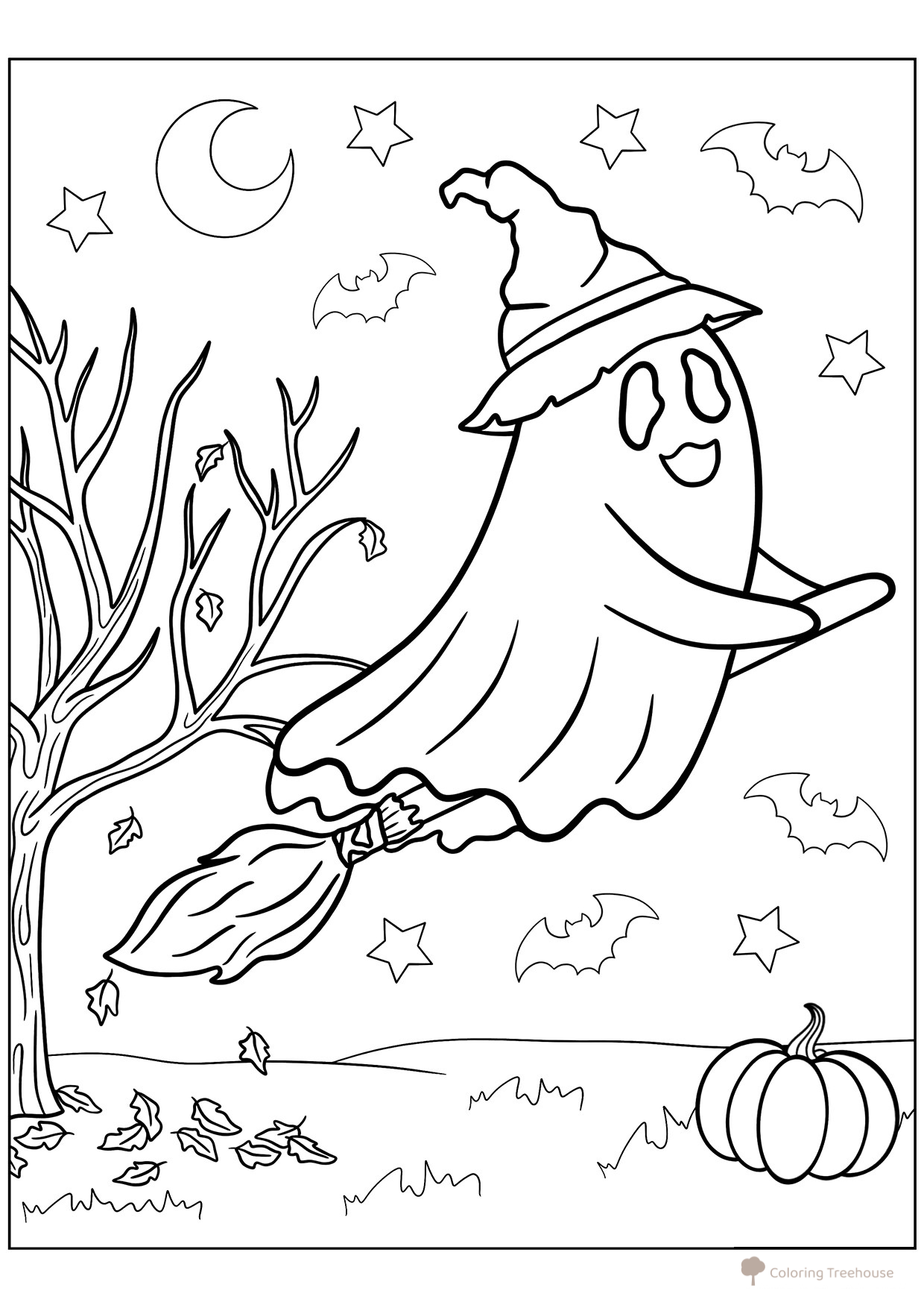 Página para colorear «Fantasma en la escoba» dibujo para colorear gratis de Páginas para colorear de Halloween: calabazas, personajes y máscaras