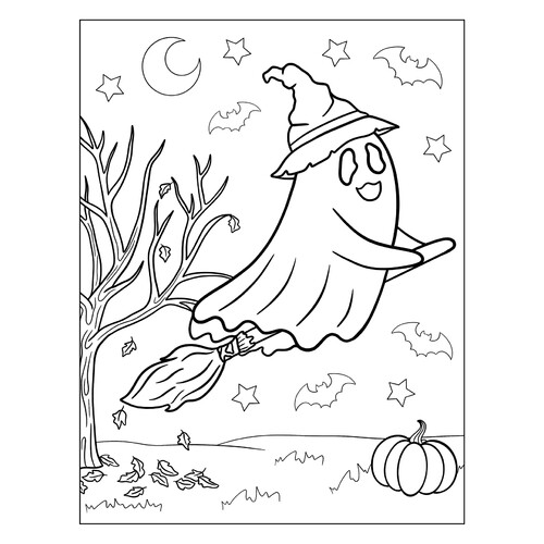 Página para colorear «Fantasma en la escoba» dibujo para colorear gratis de Páginas para colorear de Halloween: calabazas, personajes y máscaras