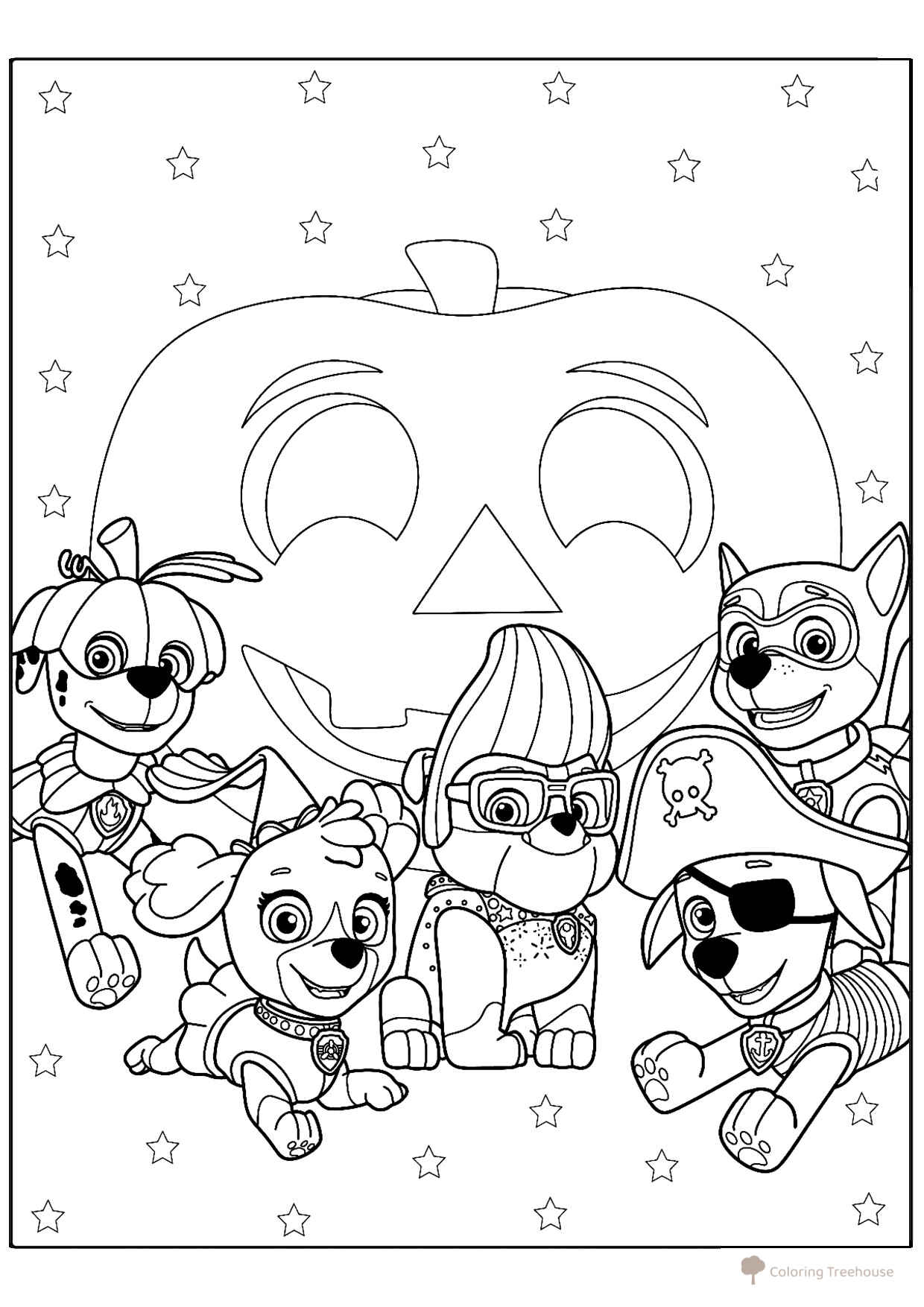圣诞? No. Wait. Need translate Russian to Simplified Chinese. The title is about Paw Patrol with pumpkin for Halloween. 免费可打印万圣节涂色页:南瓜、童话角色与面具涂色页