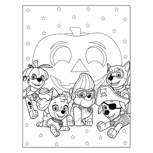 圣诞? No. Wait. Need translate Russian to Simplified Chinese. The title is about Paw Patrol with pumpkin for Halloween. 免费可打印万圣节涂色页:南瓜、童话角色与面具涂色页