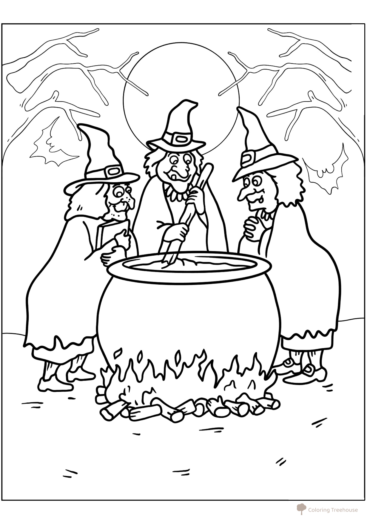 Página para colorear Tres brujas preparan una pócima dibujo para colorear gratis de Páginas para colorear de Halloween: calabazas, personajes y máscaras