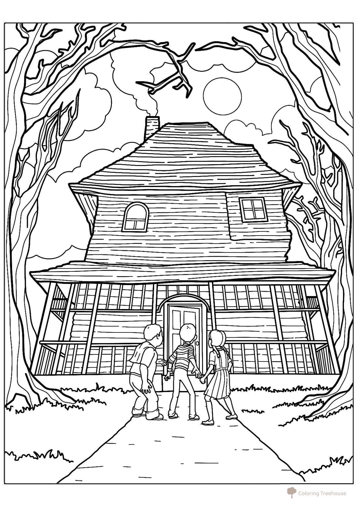 Página para colorear: Tres niños frente a una casa embrujada dibujo para colorear gratis de Páginas para colorear de Halloween: calabazas, personajes y máscaras